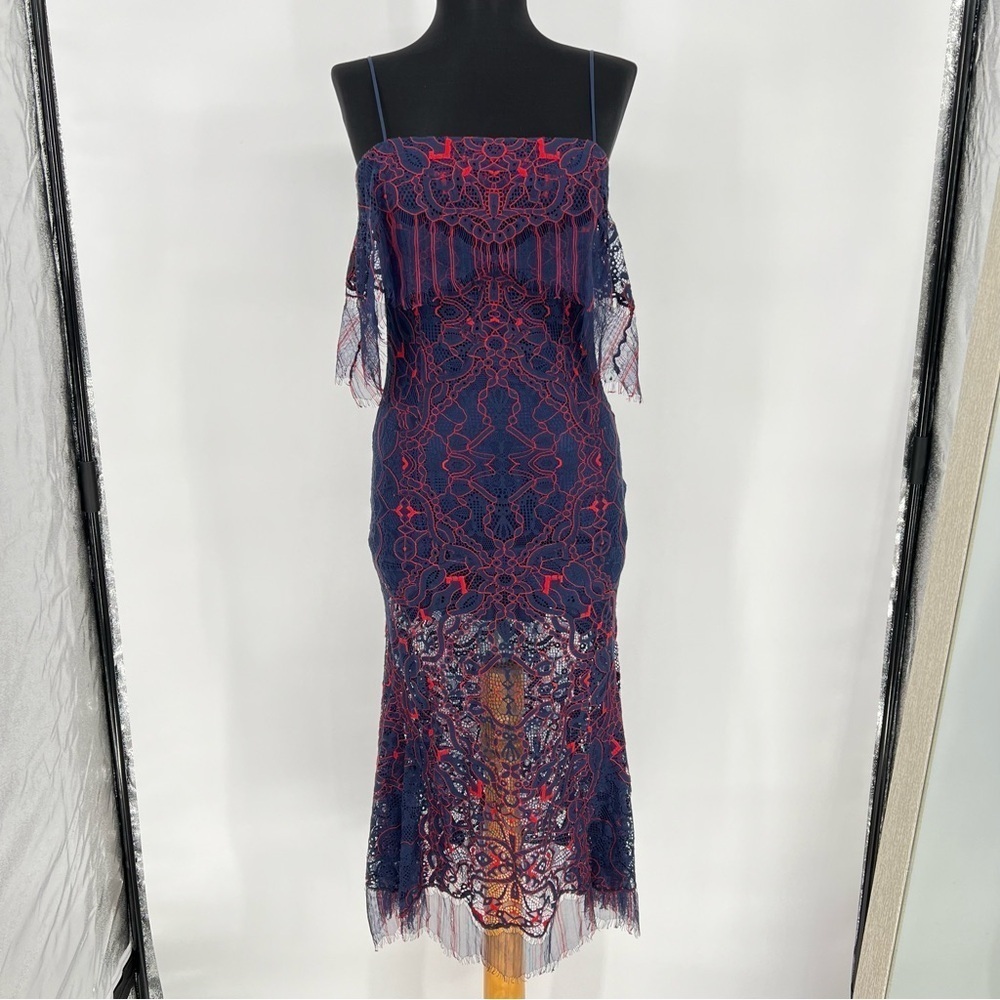JONATHAN SIMKHAI Midnight & Red Lace‎ Overlay Illusion Midi Dress - Picture 3 of 16